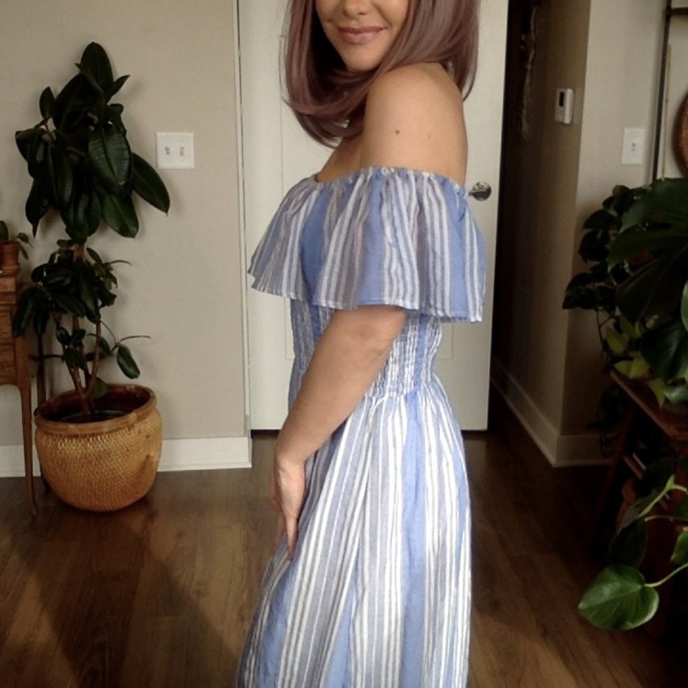 Blue and white strip maxi off the shoulder dress